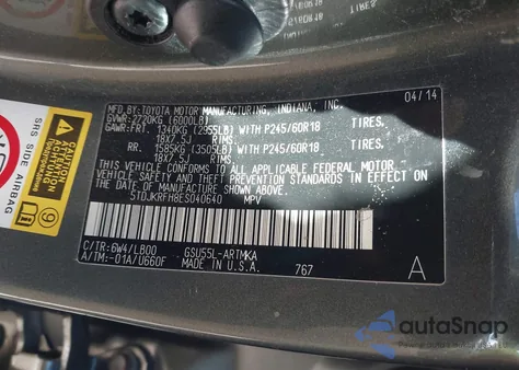 2014 Toyota Highlander Xle V6 z USA, uszkodzony, nr VIN 5TDJKRFH8ES040640